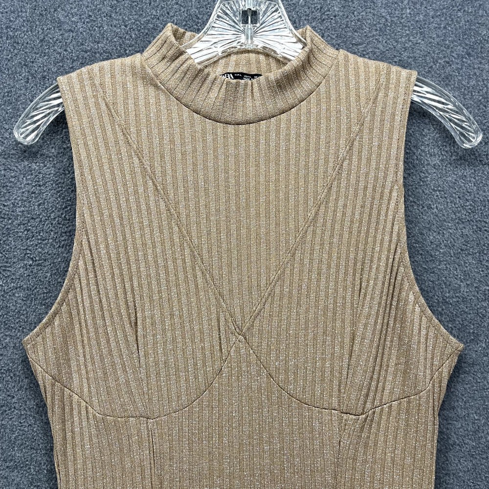 Zara Ribbed Dress womens Size L Tan Sleeveless Stretch metallic thread Halter - Picture 6 of 16